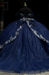 Dark Navy Tulle Quinceanera Dress Off-Shoulder Beaded Ball Gown with Sparkly Silver Appliques for Sweet 16 & Birthday Parties